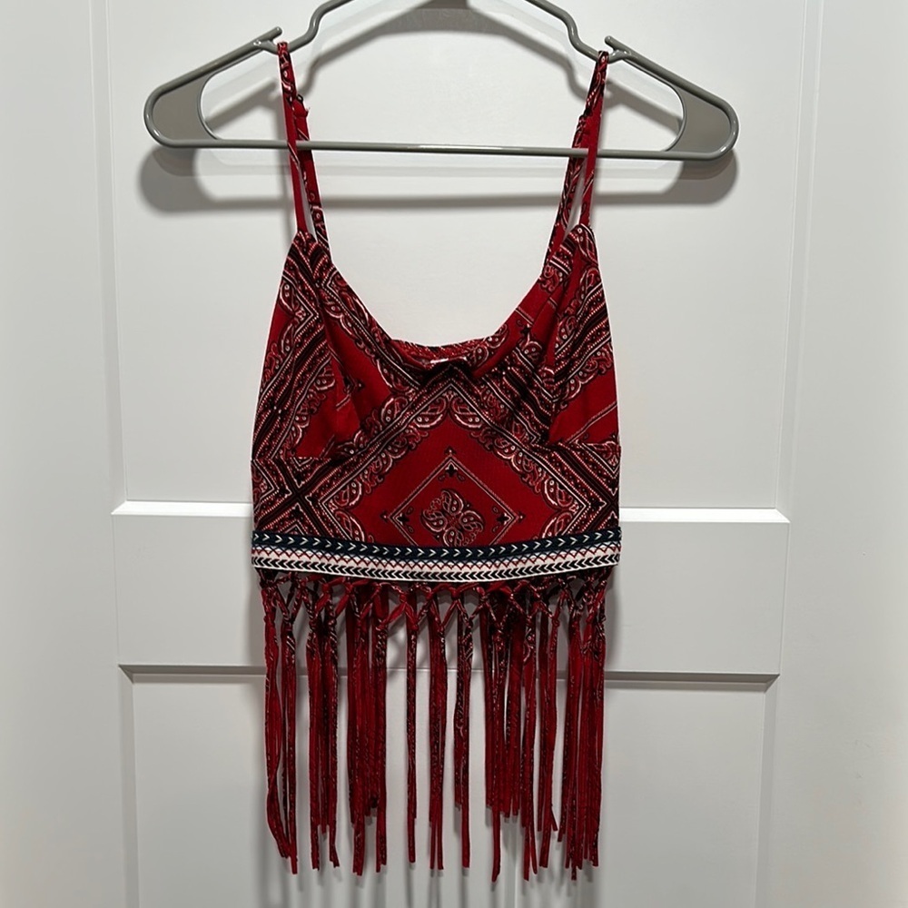 Red Bandanna Print Crop Top With Fringe Size Small